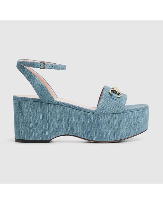 Gucci ホースビット ウィメンズ プラットフォーム サンダル, ブルー, ファブリック Blue