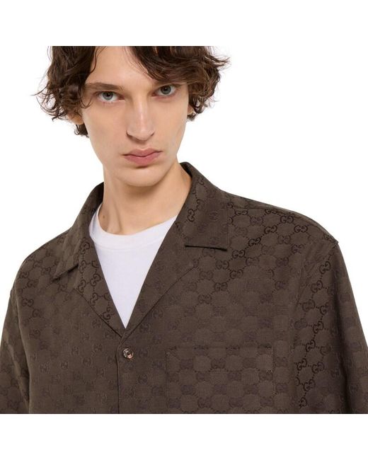 Gucci Brown Gg Canvas Linen Blend Bowling Shirt for men
