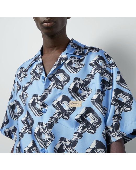 Gucci Blue 3d Glass Horsebit Print Silk Shirt