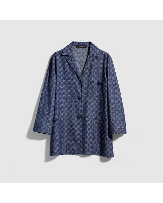 Gucci Blue Gg Cotton Denim Jacquard Jacket, Size 48 It, Ready-To-Wear