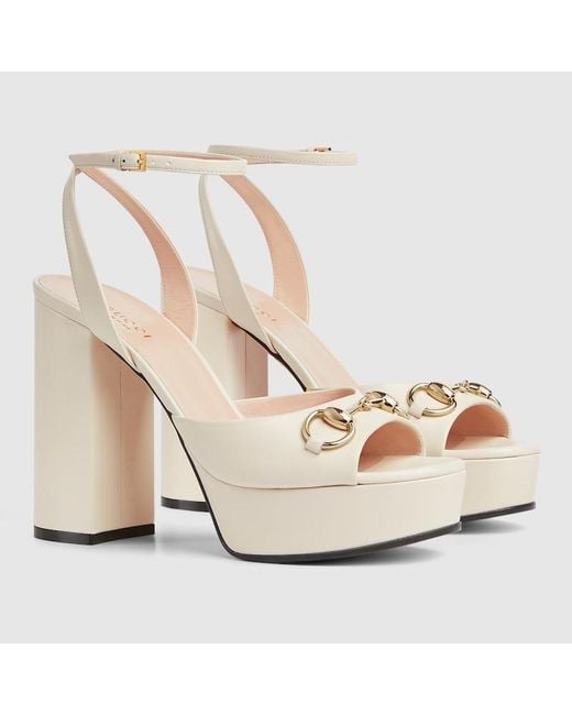 Gucci White Horsebit Platform Sandal, Leather