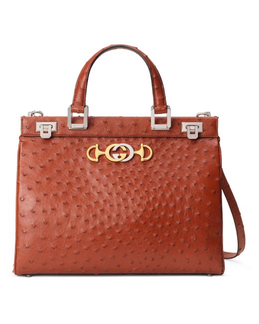 Gucci Zumi Ostrich Medium Top Handle Bag in Orange | Lyst