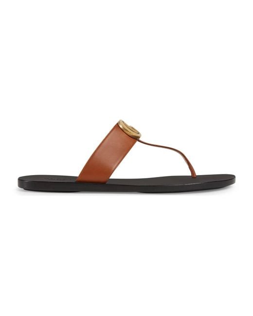 Gucci Brown Leather Thong Sandal With Double G