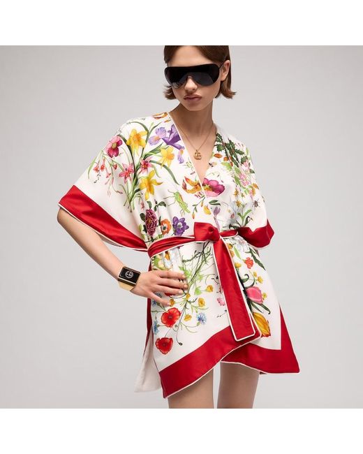 Gucci Red Printed Cotton Terrycloth Cape Dress