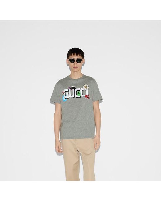 Gucci T-Shirt Aus Baumwolljersey Mit Print in Gray für Herren