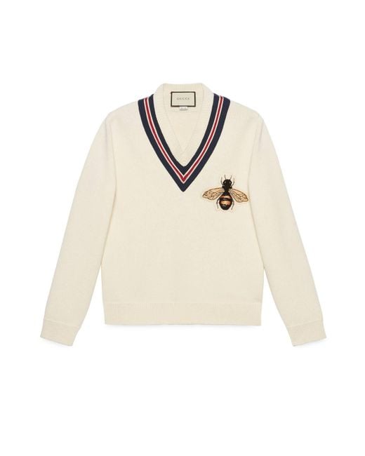 Gucci White Wool Sweater With Bee Appliqué for men