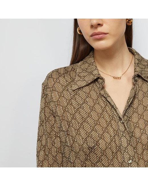 Gucci Natural Bluse Aus Seide Mit Gg Schachbrettmuster-Print, Grösse