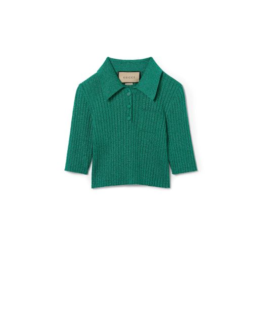 Gucci Green Rib Lamé Cropped Polo Shirt