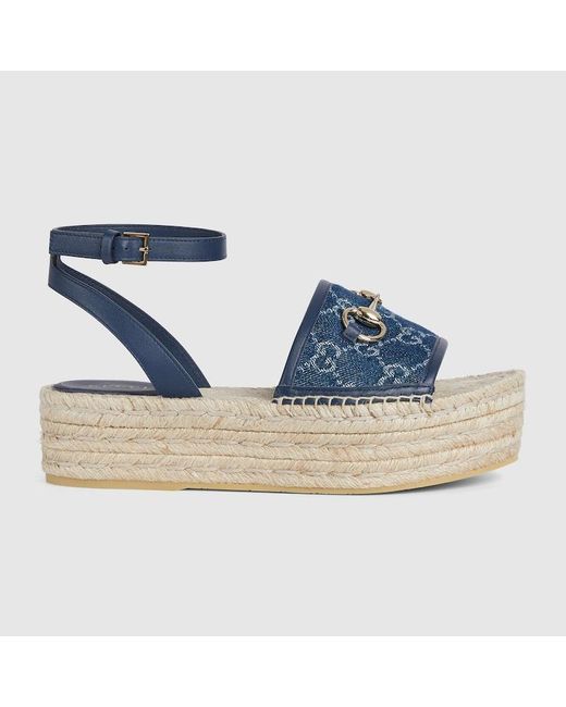 Gucci Blue Flatform Espadrille With Horsebit, Fabric