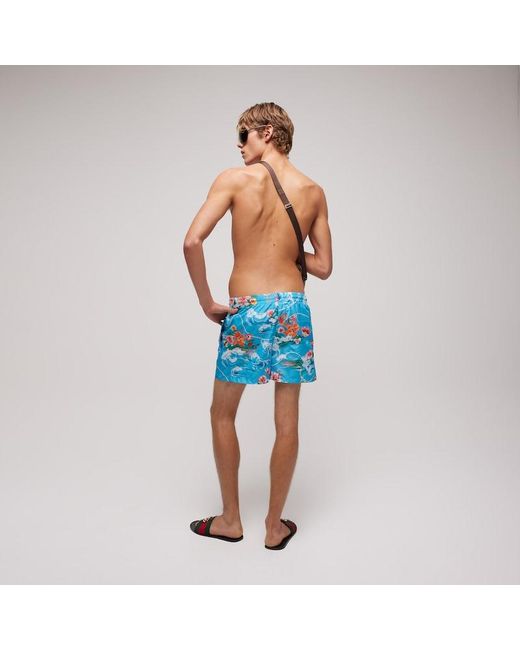 Gucci Blue Printed Polyester Poplin Swim Shorts for men