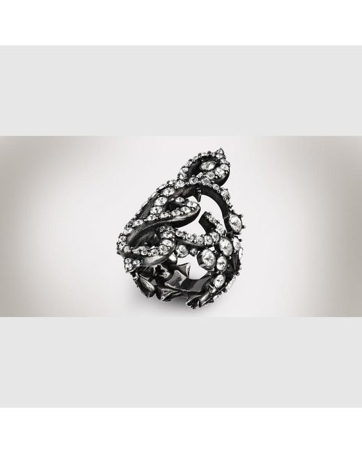 Gucci Black Gg Marmont Crystal Wide Ring