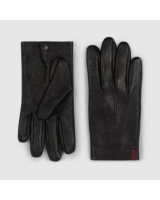 Gucci Black Grainy Leather Gloves With Web for men