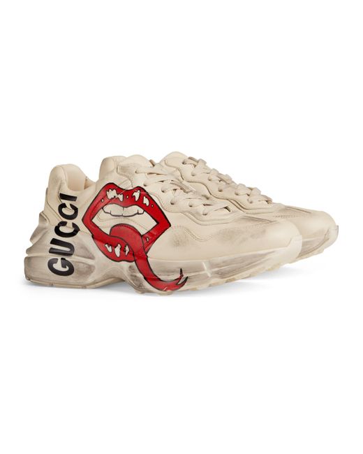 Gucci Rhyton Leather Sneakers With Maxi Mouth Print in White | Lyst