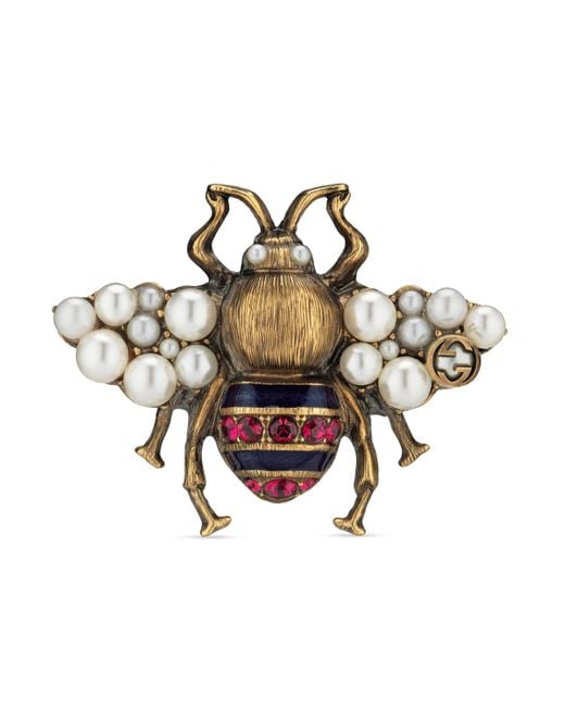Gucci Metallic Bee Ring With Crystals And Pearls
