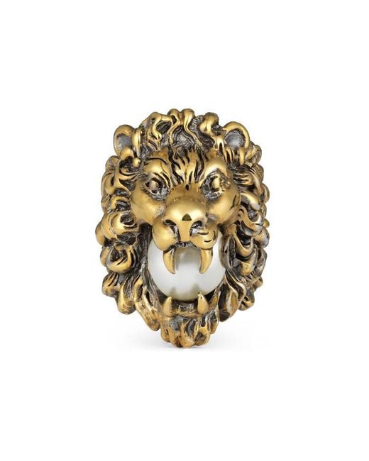 Anello testa di leone con perla in vetro di Gucci in Metallizzato | Lyst