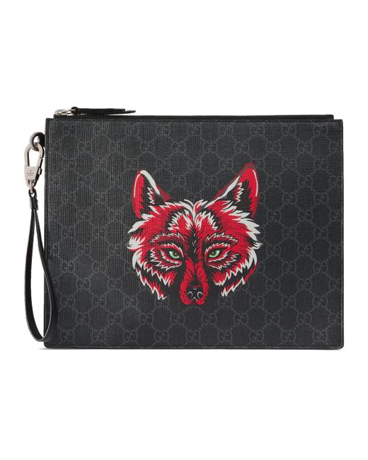 Gucci Black GG Supreme Pouch With Wolf for men
