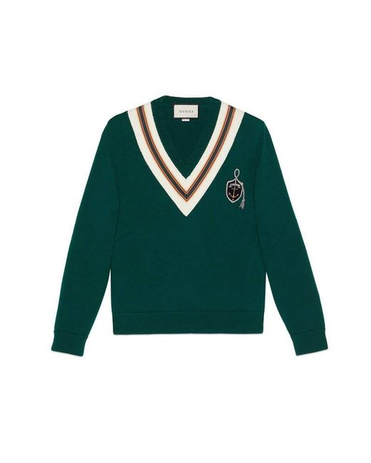 Gucci Green Wool Sweater With Anchor Crest for men
