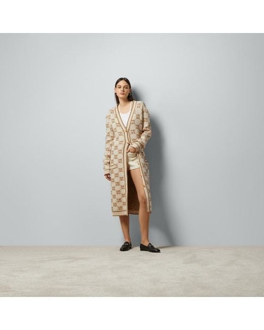 Gucci Natural Cardigan Aus Woll-Jacquard Mit Bindegürtel
