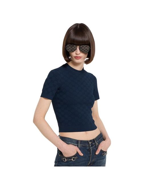 Gucci Blue Gg Fine Fabric Jacquard Top