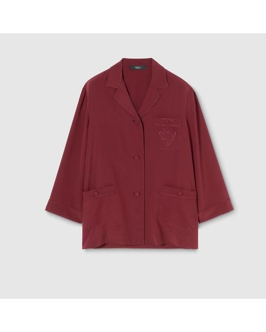 Gucci Red Silk Crêpe De Chine Shirt With Embroidery