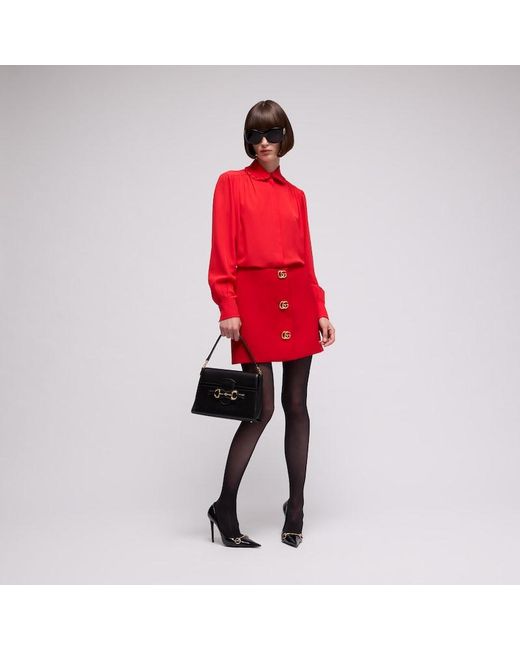 Gucci Red Silk Crêpe De Chine Shirt With Embroidery, Size 40 It, Ready-To-Wear