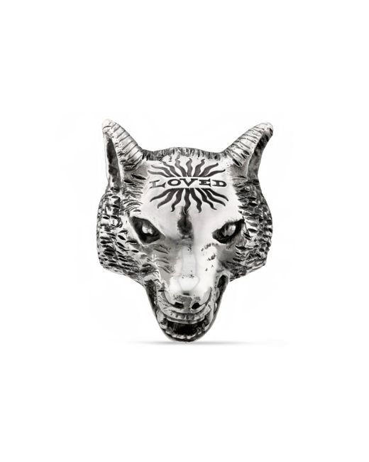 Gucci Metallic Anger Forest Wolf Head Ring In Silver for men