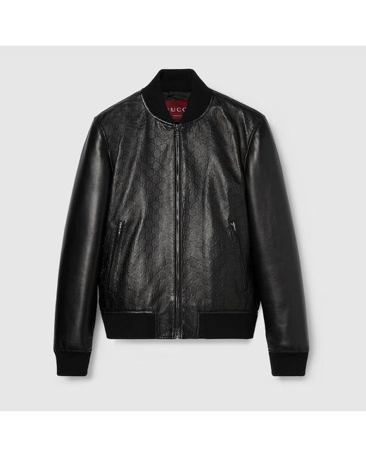 Gucci Black Embossed Gg Leather Bomber Jacket for men