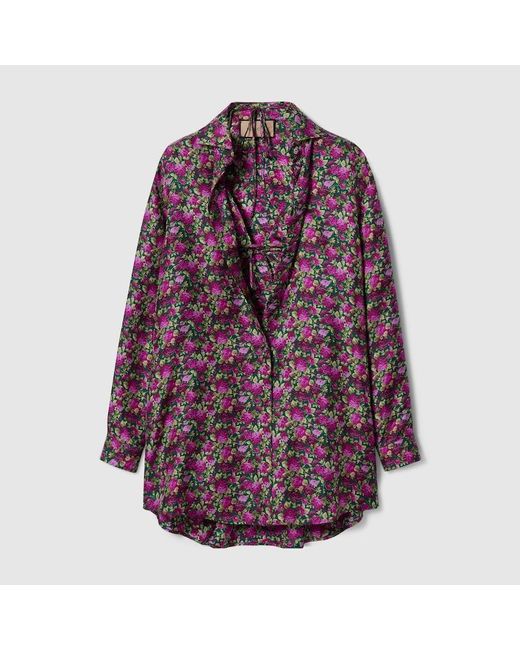 Gucci Purple Floral Print Silk Shirt And Bra Set