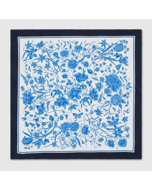 Gucci Blue Halstuch Aus Seide Mit Blumen-Print