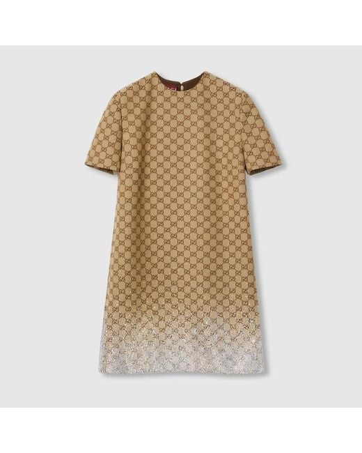 Gucci Embroidered Gg Canvas Mini Dress in Natural | Lyst UK