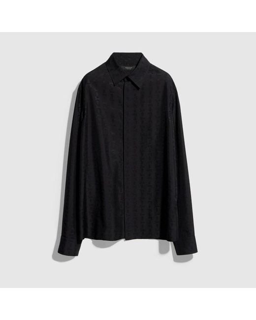Gucci Black Silk Habotai Shirt With Jacquard Detail, Size 38 It, Ready-To-Wear