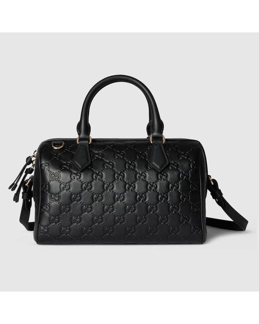 Gucci 〔Ggエンブレム〕ミディアム ボストンバッグ, ブラック, レザー Black