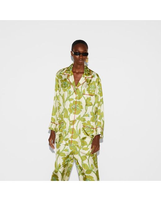Gucci Green Floral Print Silk Twill Shirt