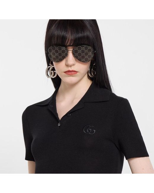 Gucci Black Cashmere Silk Polo Shirt With Embroidery
