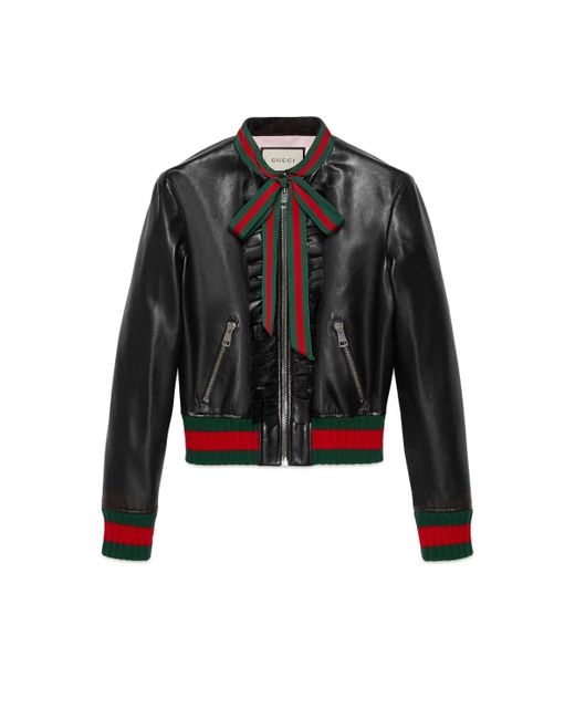 Gucci Black Ruffle Leather Bomber Jacket