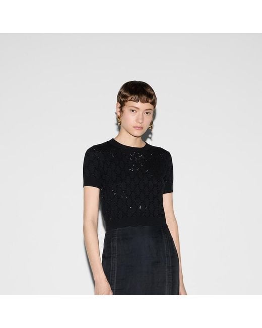 Gucci Black Fine Wool Gg Crystal Top