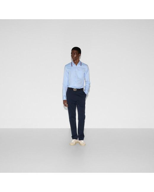Gucci Blue Oxford Cotton Shirt With Web, Size 14 for men