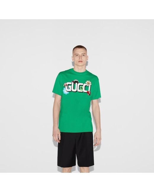 Gucci Green Cotton Jersey T-shirt With Print for men