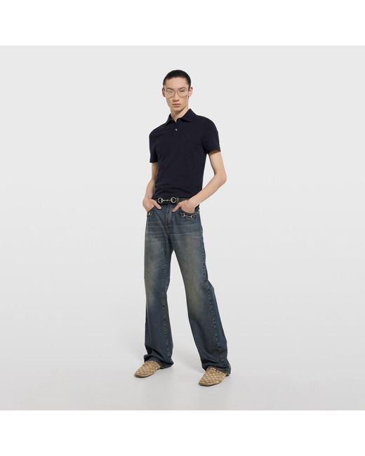 Gucci Blue Cotton Piquet Polo Shirt With Embroidery for men