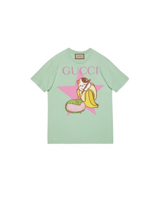 Gucci Green And Star Bananya Print Cotton T-shirt