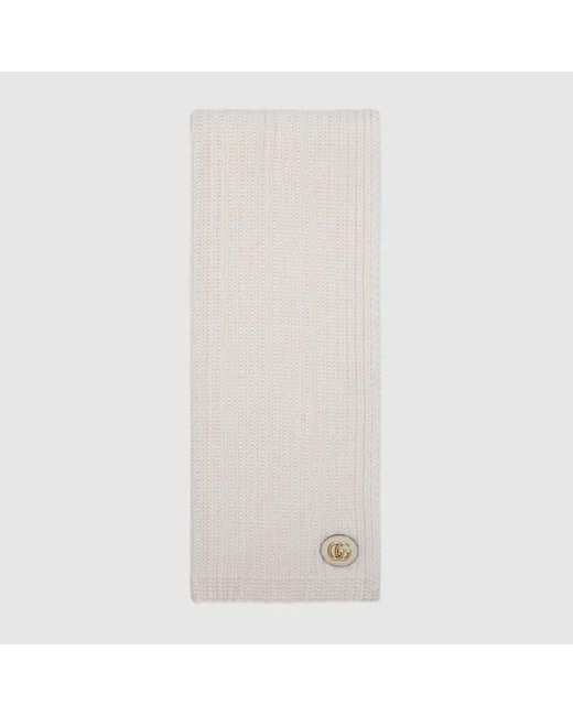 Gucci White Knit Wool Scarf With Patch