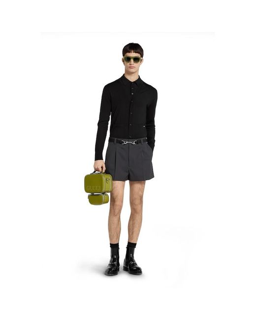 メンズ Gucci インターシャ ファインウールニット ポロトップ, ブラック, ウェア Black