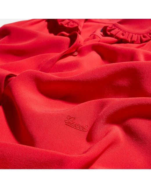 Gucci Red Silk Crêpe De Chine Shirt With Embroidery, Size 46 It, Ready-To-Wear