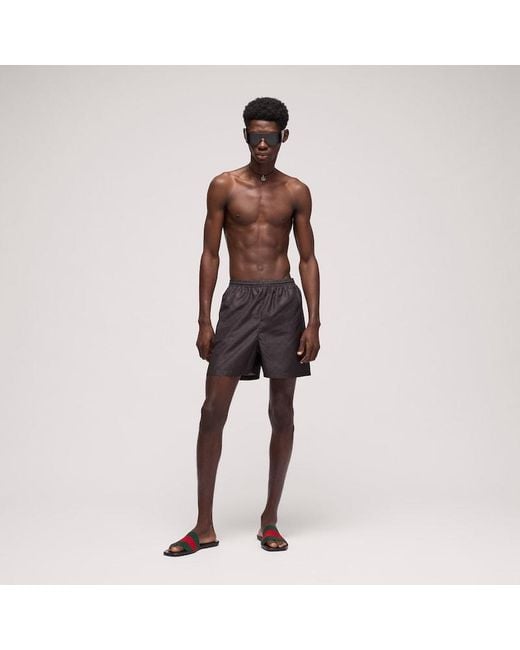 Gucci Brown Printed Polyester Poplin Swim Shorts for men