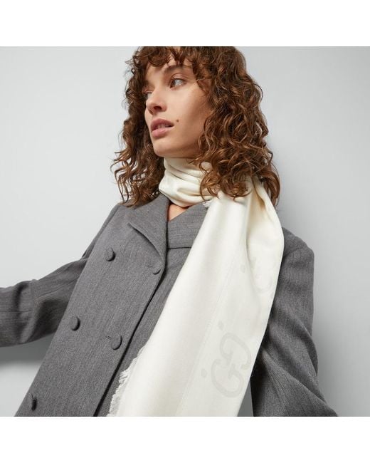 Gucci Natural Gg Jacquard Silk Wool Shawl