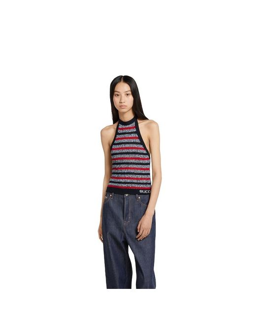 Gucci Red Striped Fine Cotton Knit Halterneck Top