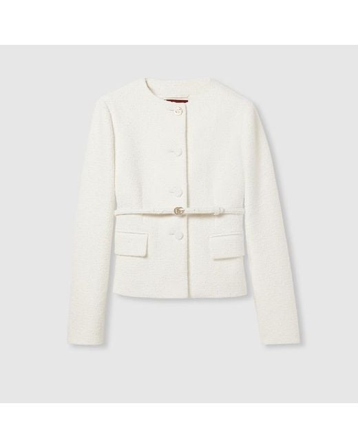 Gucci White Cotton Bouclé Belted Jacket, Ready-To-Wear