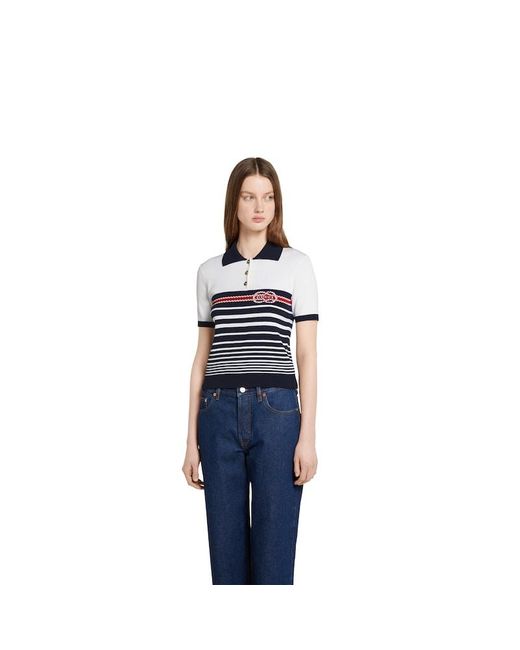 Gucci インターシャ ステッチ コットン ポロトップ, ホワイト, ウェア Blue