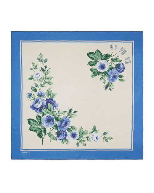Gucci Blue Ha Ha Ha Flower Print Silk Scarf for men