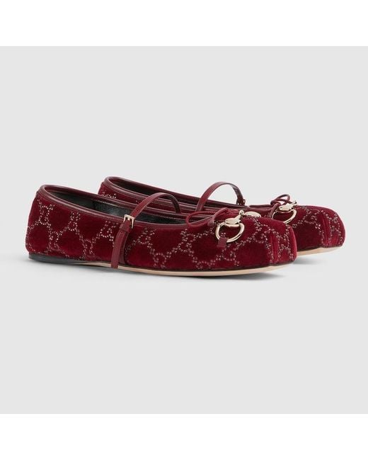 Gucci Red Horsebit Damenballerina Mit Gg Kristallen, Größe